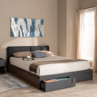 Baxton Studio BR3QB30261-Columbia/Dark Grey-Queen Rikke Modern and Contemporary Two-Tone Gray and Walnut Finished Wood Queen Size Platform Storage Bed with Gray Fabric Upholstered Headboard